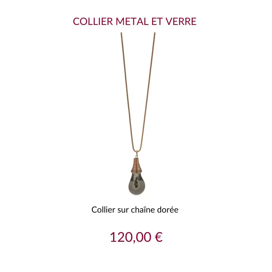 Jez Debugey Collier métal et verre sur chaine dorée